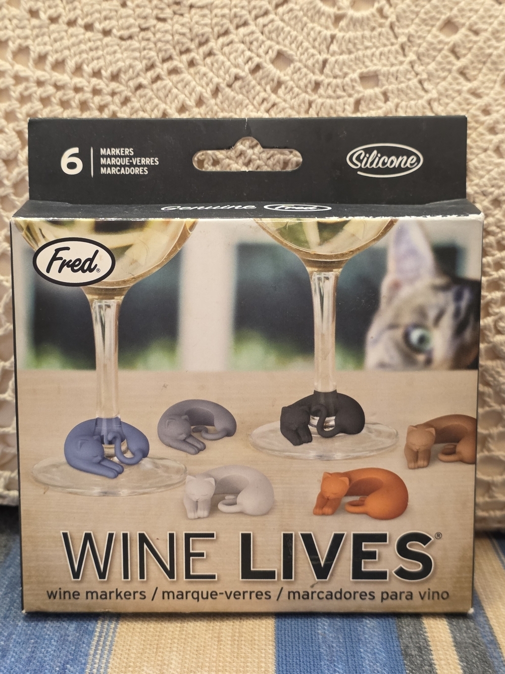 Fred Wine Lives Cat Wine Glass Markers Set of 6 Silicone Party Bar Accessories